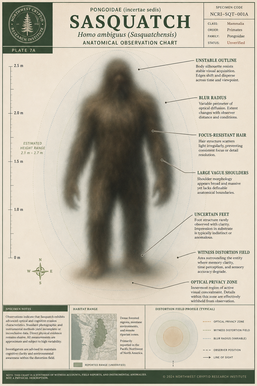 Educational anatomical diagram of a blurry Sasquatch or Bigfoot silhouette with labels for edge uncertainty and optical privacy zone.
