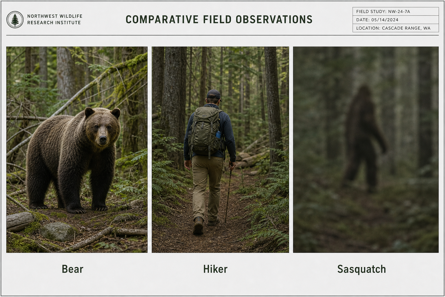 Scientific comparison graphic showing sharp non-Sasquatch subjects and a blurry Sasquatch or Bigfoot evidence candidate.