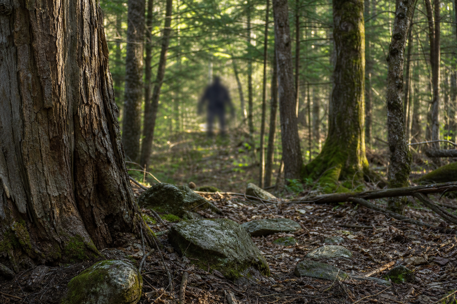 Sharp forest scene with a large Sasquatch or Bigfoot figure remaining blurry in the background due to persistent resolution resistance.