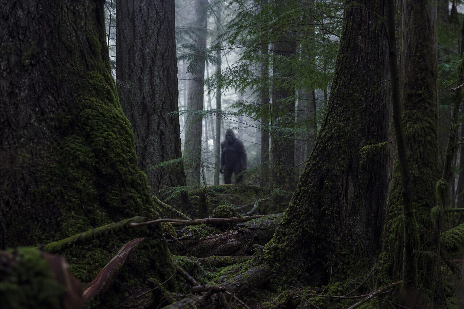 Pacific Northwest forest habitat associated with Sasquatch and Bigfoot sighting reports, with a tall dark upright figure appearing blurry while the surrounding trees remain clearer.