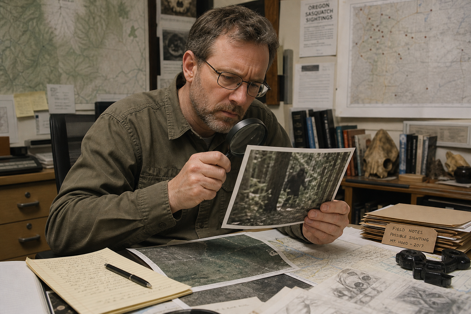 Researcher examining a printed blurry Sasquatch or Bigfoot evidence image at a desk with maps and notes.